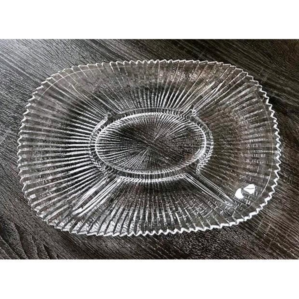 Vintage Clear Cut Glass Oval 5-Section Divided Platter Pressed Glass 1950s–1970s